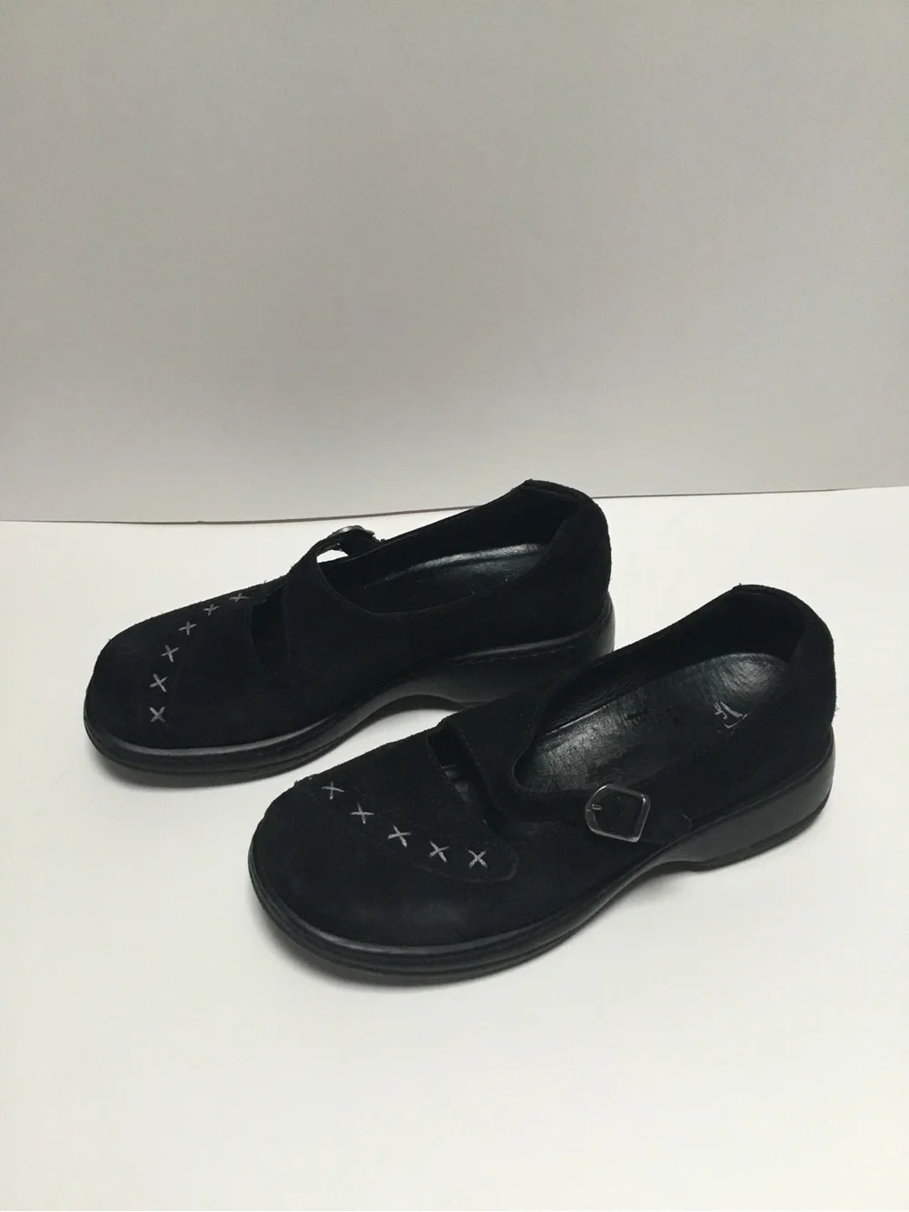 Dansko Black Suede Mary Jane Flats with Cross-Stitch Detail